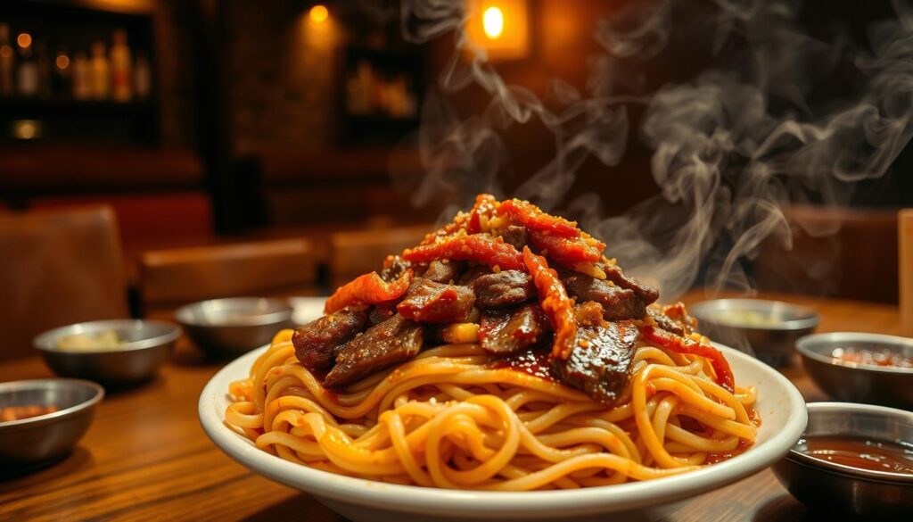 A lively scene of Telok Ayer Korean BBQ noodles, presented on a wooden table in a cozy, dimly lit restaurant. The thick, chewy noodles are stir-fried with tender slices of bulgogi beef, vibrant kimchi, and a rich, savory sauce that glistens under warm, focused lighting. Wisps of fragrant steam rise from the dish, evoking the aromas of garlic, ginger, and toasted sesame. The table is adorned with small metal dishes filled with banchan, or Korean side dishes, adding pops of color and texture to the composition. The overall mood is one of inviting comfort and authentic Korean flavors, drawing the viewer in to experience the dual delights of barbecue and noodles.