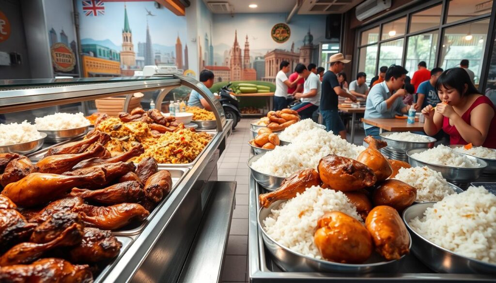 A lively scene of a bustling Katong neighborhood, showcasing the quintessential Singaporean dish of chicken rice. In the foreground, a gleaming metal counter displays a mouthwatering array of succulent roasted and steamed chicken, accompanied by fragrant, fluffy white rice. The middle ground features a tiled floor and wooden tables, where patrons eagerly tuck into their meals, relishing the perfect balance of savory, sweet, and tangy flavors. In the background, a vibrant mural depicting local landmarks sets the scene, while natural light filters in through large windows, creating a warm and inviting atmosphere. The overall composition evokes the vibrant, authentic spirit of Katong's thriving food culture.
