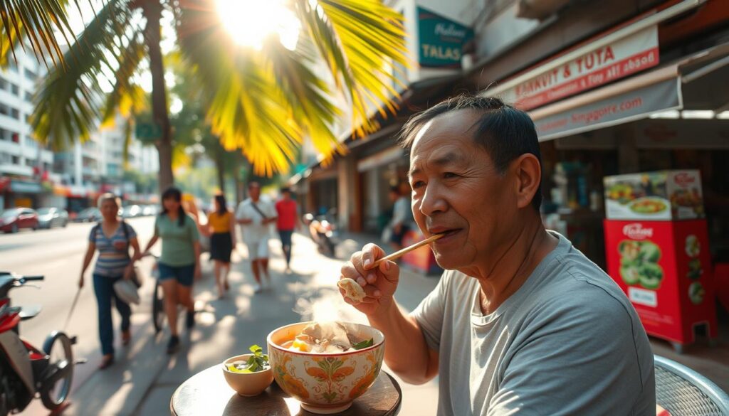 A lively street scene in Singapore, a local resident seated at a small outdoor table, savoring a steaming bowl of lontong. The mid-morning sunlight filters through the swaying palm fronds, casting a warm glow over the vibrant scene. In the foreground, the diner delights in the harmonious blend of flavors - the rich coconut broth, the tender rice cakes, the crunchy vegetables. In the middle ground, passersby stroll along the bustling sidewalk, while in the background, colorful shophouses and hawker stalls create an authentic, immersive atmosphere. The mood is one of relaxation and the pure enjoyment of a quintessential Singaporean culinary experience.