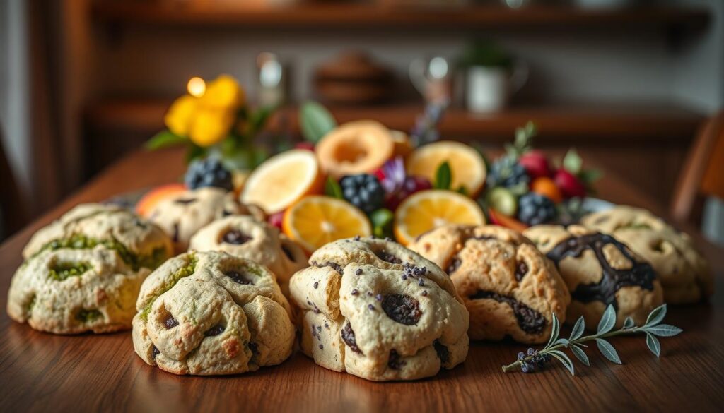 A lush, artfully arranged display of unique scone flavors on a wooden table, bathed in warm, soft lighting. In the foreground, an assortment of freshly baked scones in unexpected flavors such as matcha, Earl Grey, and lavender, each meticulously crafted with intricate patterns and textures. In the middle ground, a selection of seasonal fruits, herbs, and other garnishes that complement the scones, creating a visually striking and appetizing tableau. The background is softly blurred, placing the focus on the scones and their mouthwatering details. The overall mood is one of elegance, craftsmanship, and a celebration of the endless possibilities for reinventing the traditional scone.