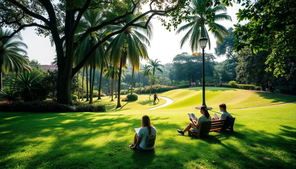 A lush, verdant oasis in the heart of Singapore, the Botanic Gardens provide the perfect tranquil setting for focused study. Capture the scene with a wide-angle lens to showcase the picturesque landscape - rolling hills dotted with towering palm trees, sun-dappled pathways winding through vibrant foliage, and students seated on wooden benches or sprawled on the manicured grass, immersed in their books. Utilize natural lighting to create a serene, ambient atmosphere, with soft shadows and warm highlights illuminating the scene. Convey a sense of peaceful contemplation and intellectual stimulation as students commune with nature, finding inspiration and focus amidst the garden's calming embrace.