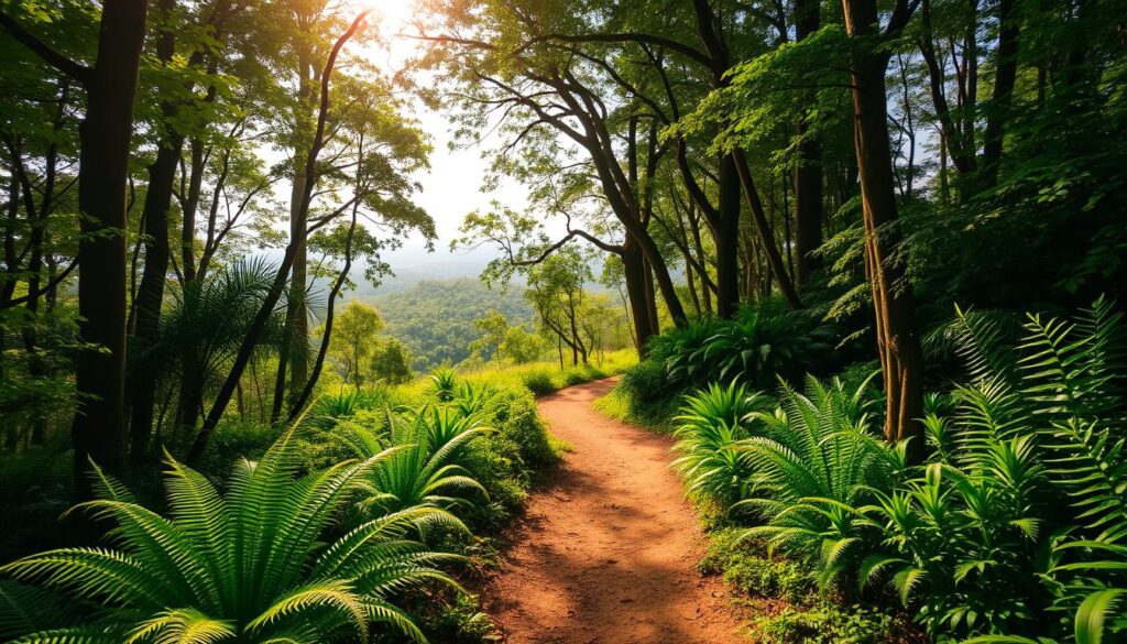 A lush, verdant trail winding through the dense foliage of Bukit Timah Nature Reserve. Sunlight filters through the canopy of towering trees, casting a warm, natural glow across the packed earth path. In the foreground, vibrant ferns and exotic plants line the trail, inviting the hiker to explore this enchanting Singapore wilderness. The middle ground reveals the gradual incline leading up to the iconic Bukit Timah Hill, Singapore's highest natural point. In the distance, the dense forest blends seamlessly with the sky, creating a sense of tranquility and boundless adventure. Capture the serenity and wonder of this iconic Singaporean hiking destination.