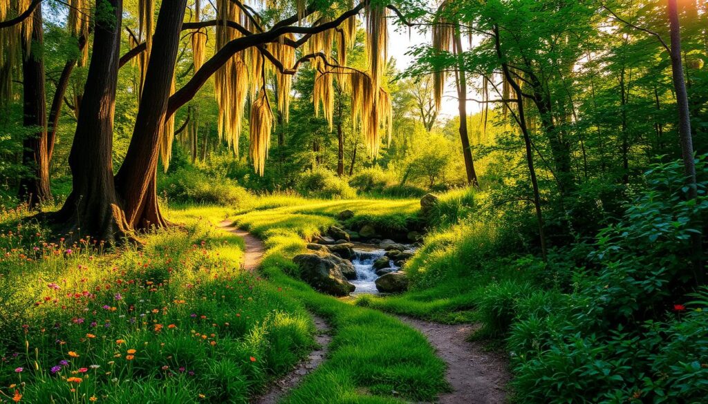 A lush, verdant trail winds through the heart of Coney Island Park, showcasing the vibrant wildlife of this rustic oasis. In the foreground, a meandering path is flanked by towering cypress trees, their branches casting dappled shadows upon the forest floor. Vibrant wildflowers dot the landscape, their petals swaying gently in the breeze. In the middle ground, a small stream babbles over moss-covered rocks, its crystal-clear waters reflecting the sky above. Further back, dense foliage and thickets provide shelter for a variety of native birds and small mammals, their calls echoing through the serene scene. Warm, golden sunlight filters through the canopy, casting a peaceful, tranquil atmosphere over the entire trail. A lush, verdant trail winds through the heart of Coney Island Park, showcasing the vibrant wildlife of this rustic oasis. In the foreground, a meandering path is flanked by towering cypress trees, their branches casting dappled shadows upon the forest floor. Vibrant wildflowers dot the landscape, their petals swaying gently in the breeze. In the middle ground, a small stream babbles over moss-covered rocks, its crystal-clear waters reflecting the sky above. Further back, dense foliage and thickets provide shelter for a variety of native birds and small mammals, their calls echoing through the serene scene. Warm, golden sunlight filters through the canopy, casting a peaceful, tranquil atmosphere over the entire trail.