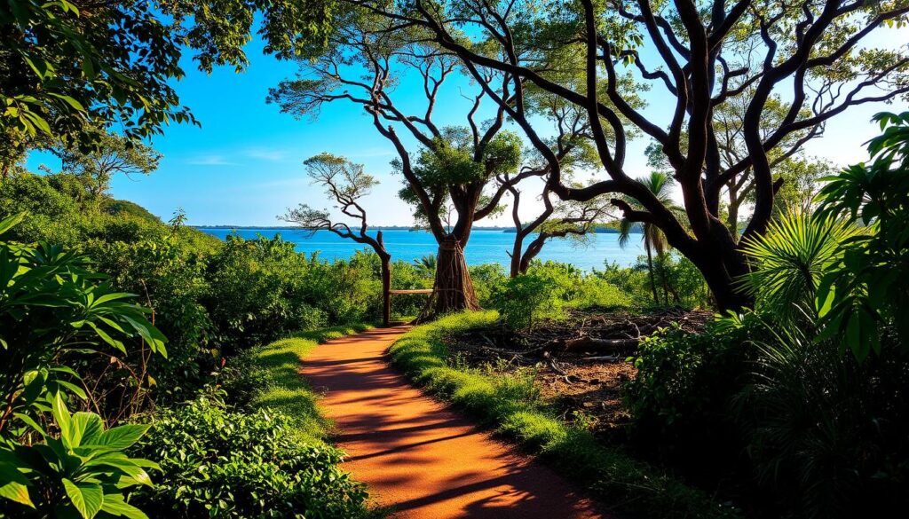 A lush, verdant wildlife trail winding through the Sungei Buloh Wetland Reserve. The foreground is dotted with vibrant tropical foliage, casting dappled shadows on the earthy path. In the middle ground, mangrove trees with twisted roots stand guard, their branches reaching skyward. Beyond, a serene, shimmering body of water reflects the azure sky above. The scene is bathed in warm, golden-hour light, creating a tranquil, inviting atmosphere that beckons the viewer to explore this natural haven teeming with diverse flora and fauna. A lush, verdant wildlife trail winding through the Sungei Buloh Wetland Reserve. The foreground is dotted with vibrant tropical foliage, casting dappled shadows on the earthy path. In the middle ground, mangrove trees with twisted roots stand guard, their branches reaching skyward. Beyond, a serene, shimmering body of water reflects the azure sky above. The scene is bathed in warm, golden-hour light, creating a tranquil, inviting atmosphere that beckons the viewer to explore this natural haven teeming with diverse flora and fauna.