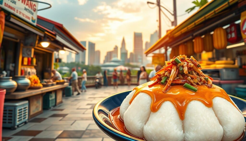 A lush, vibrant illustration of a Singapore lontong food guide. In the foreground, a delectable serving of lontong, its rice cakes glistening with rich coconut sauce and topped with an array of savory condiments. The middle ground features a bustling hawker stall, its weathered counters and sizzling woks creating an atmospheric scene. In the background, the iconic skyline of Singapore, its modern skyscrapers and historic architecture framing the image. Warm, diffused lighting casts a golden glow, evoking the tantalizing aromas and lively energy of this beloved local dish. The composition captures the essence of Singapore's vibrant food culture and the must-try lontong experience.