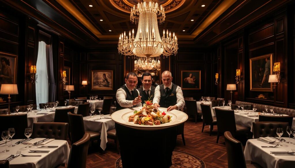 A luxurious, dimly-lit dining room with plush, leather-upholstered chairs and tables adorned with crisp, white tablecloths. The walls are adorned with elegant artwork, and the room is illuminated by a grand, crystal chandelier that casts a warm, golden glow. In the center of the room, a team of impeccably dressed servers present a visually stunning, Michelin-starred dish, complete with intricate plating and garnishes. The atmosphere is one of refined sophistication, where every detail has been carefully curated to create an unforgettable dining experience.