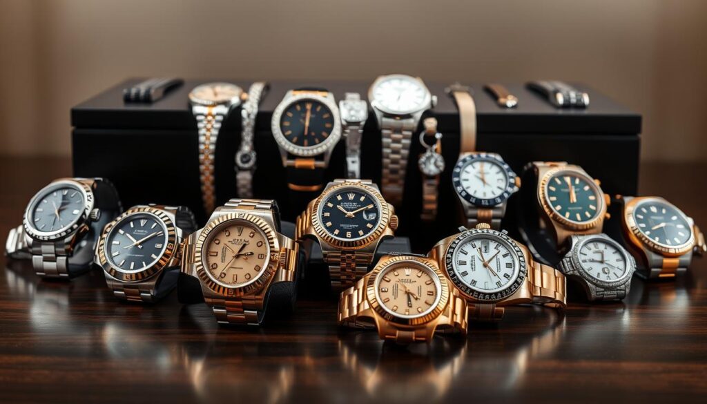 A luxurious display of Rolex timepieces, meticulously arranged on a sophisticated dark wood surface. In the foreground, a selection of men's Rolexes in stainless steel and gold, their polished cases and intricate dials gleaming under soft, directional lighting. In the middle ground, a collection of sleek, elegant women's Rolexes, their delicate features and diamond-encrusted bezels sparkling. The background is subtly blurred, allowing the watches to take center stage, exuding an air of exclusivity and timeless sophistication. The overall composition conveys the essence of Rolex's prestigious reputation and the brand's appeal to both male and female clientele.