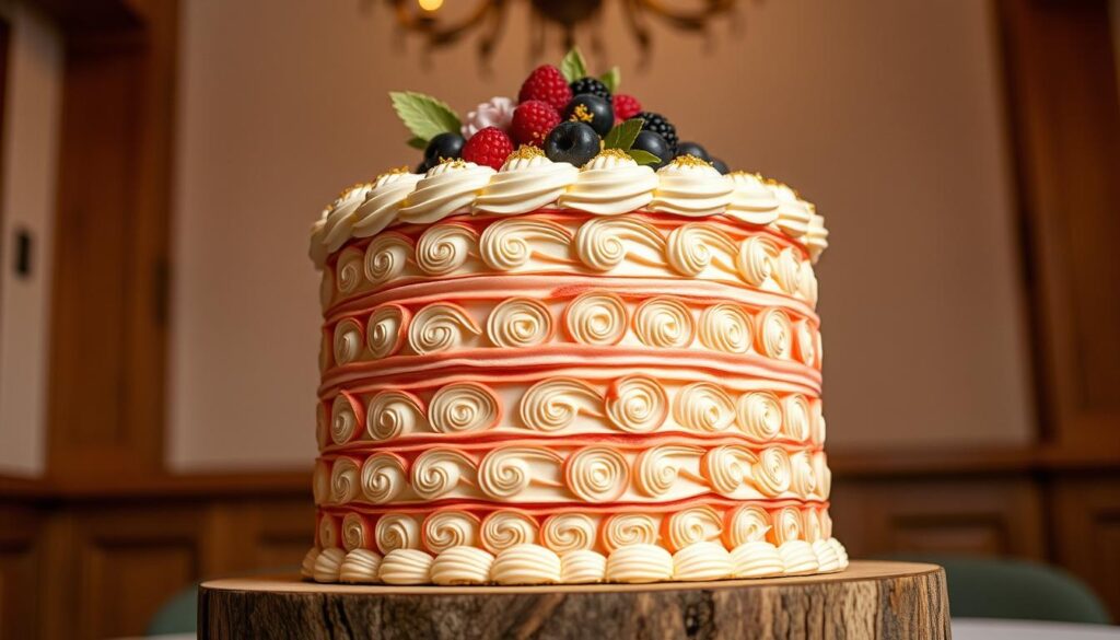 A luxurious hotel log cake stands tall, its delicate layers of sponge and rich buttercream frosting glistening under the warm, soft lighting. The cake's exterior is adorned with intricate piped designs, creating a mesmerizing pattern that reflects the opulence of the setting. Atop the cake, a cluster of fresh berries and edible gold flakes add a touch of elegance, while the wooden stand it rests upon evokes the natural charm of a rustic retreat. The scene is captured from a low angle, emphasizing the grandeur and centerpiece quality of this decadent dessert, ready to impress guests at the most sophisticated of celebrations.