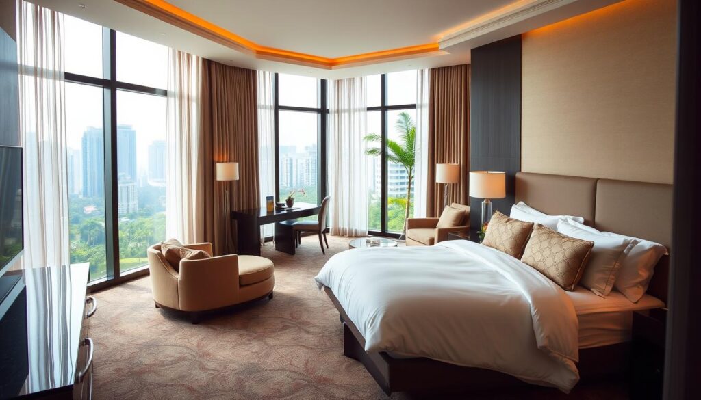 A luxurious hotel suite in Singapore, with floor-to-ceiling windows offering breathtaking views of the city skyline. Soft, warm lighting filters through sheer curtains, casting a cozy glow on the plush, high-end furnishings. A king-size bed adorned with crisp, white linens and a stylish chaise lounge invite guests to relax in comfort. In the foreground, a well-stocked minibar and a sleek, modern bathroom hint at the exceptional amenities. The middle ground features a work desk and a seating area, perfect for both business and leisure. The background showcases the lush, tropical greenery outside, creating a serene and tranquil atmosphere.