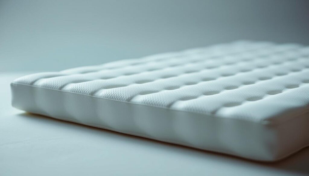 A luxurious latex mattress topper, softly molding to the contours of a sleeper's body. The surface is smooth and supple, with a subtle sheen that reflects the ambient light. Subtle perforations across the surface allow for enhanced airflow, effectively dissipating heat and moisture to keep the sleeper cool and comfortable throughout the night. The topper is set against a clean, minimalist background, allowing the product to be the focal point. Soft, directional lighting highlights the topper's quality and premium feel, creating a sense of tranquility and relaxation. The overall scene conveys the topper's ability to provide a restful, temperature-regulated sleep experience for hot sleepers.