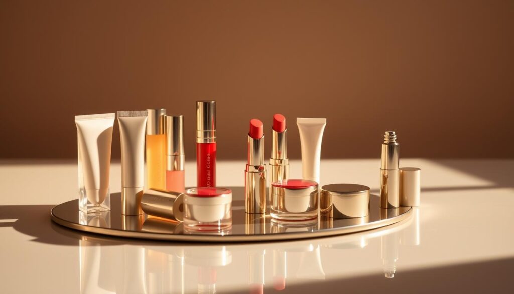 A luxurious still life featuring an array of high-end lip balms arranged on a mirrored surface. The lip balms are displayed in an elegant, minimalist composition, showcasing their sleek, sophisticated packaging and alluring colors. Soft, directional lighting creates a warm, glamorous ambiance, gently illuminating the sheen of the balms and casting subtle reflections. The background is a muted, monochromatic palette, allowing the products to take center stage. The overall mood is one of indulgence and refined beauty, capturing the essence of a "Luxury Lip Balms for a Treat" experience.