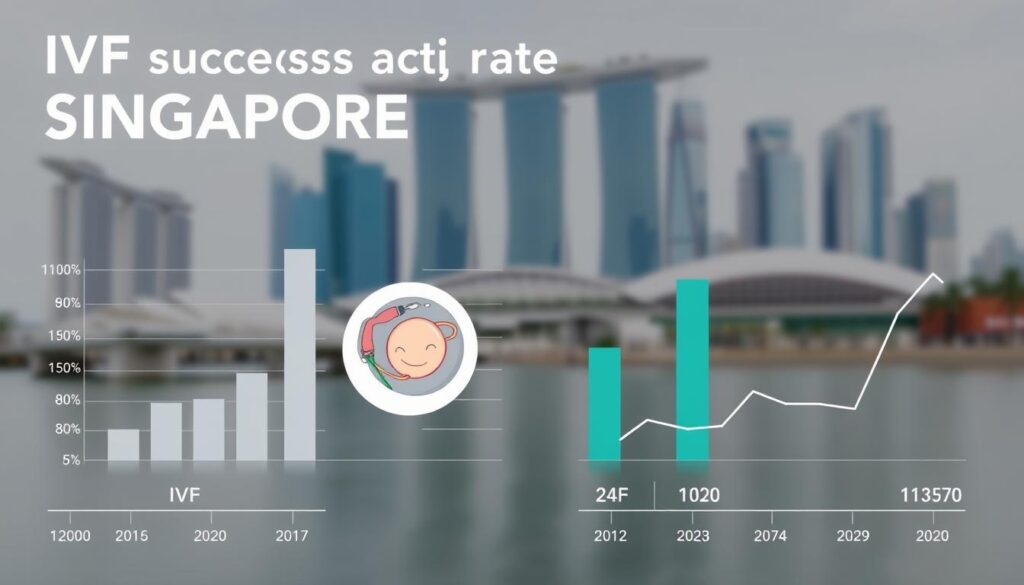 A modern, data-driven infographic depicting IVF success rates in Singapore. In the foreground, a series of bar charts and line graphs present clear, easy-to-interpret statistics on IVF outcomes, with a minimalist color palette of grays, blues, and greens. The middle ground features a stylized medical illustration of an IVF embryo transfer procedure, rendered in a clean, technical style. In the background, a blurred cityscape of Singapore's iconic skyscrapers and landmarks creates a sense of place. The overall mood is informative, authoritative, and reassuring, conveying the professionalism and expertise of Singapore's IVF clinics.