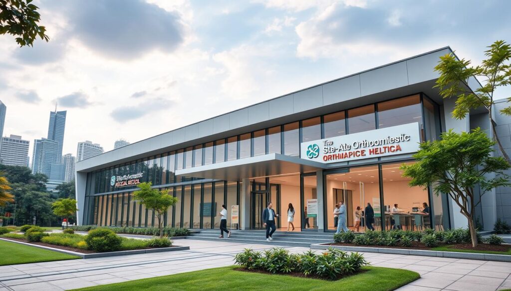 A modern, sleek medical facility with a sophisticated facade, showcasing the state-of-the-art orthopedic services it provides. The building's exterior is composed of glass, steel, and clean lines, conveying a sense of professionalism and high-quality care. The entrance is well-lit, with a welcoming, minimalist design. The foreground features neatly manicured landscaping, creating a calming, therapeutic atmosphere. In the middle ground, patients can be seen entering and exiting the clinic, reflecting the busy, yet efficient nature of the facility. The background depicts the vibrant cityscape of Singapore, with skyscrapers and lush greenery, highlighting the clinic's prime location and accessibility.