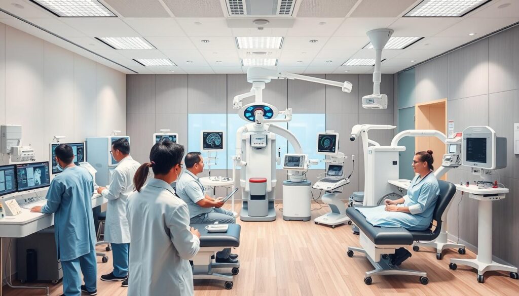 A modern, well-equipped medical facility showcasing the latest neurological treatments in Singapore. The foreground features a team of skilled neurologists and nurses attending to patients undergoing various procedures, such as EEG monitoring, brain imaging scans, and nerve conduction studies. The middle ground displays advanced medical equipment and technology, including robotic-assisted surgery systems and specialized rehabilitation devices. In the background, a serene and calming atmosphere is created with minimalist decor, natural lighting, and soothing colors, reflecting the high-quality, patient-centric care provided. The overall scene conveys a sense of professionalism, innovation, and compassion in the field of neurological healthcare in Singapore.