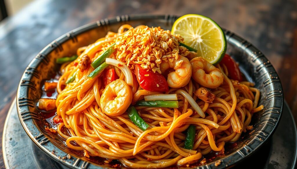 A mouth-watering Halal Mee Goreng dish, sizzling on a rustic metal plate. The noodles are perfectly cooked, glistening with a rich, savory sauce. Vibrant slices of chicken, shrimp, and crunchy bean sprouts are scattered throughout, adding texture and flavor. The dish is garnished with a sprinkling of crispy fried shallots and a wedge of fresh lime, casting warm, golden light across the scene. The background is softly blurred, allowing the delectable Mee Goreng to take center stage, inviting the viewer to take a satisfying bite.