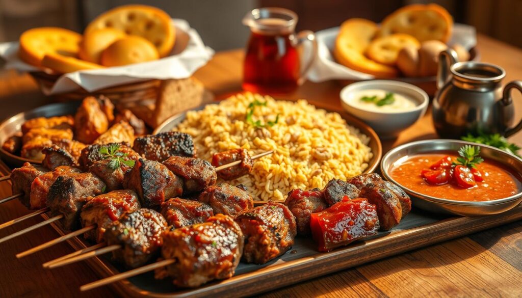 A mouth-watering display of Persian culinary delights - sizzling kebabs, tender lamb, fragrant basmati rice, and vibrant stews on a wooden table. The scene is bathed in warm, golden lighting, casting a cozy, inviting atmosphere. In the foreground, skewers of succulent beef and chicken kebabs are placed alongside a fragrant chicken and pomegranate stew, its rich, ruby-red hue glistening. In the middle ground, a platter of fragrant saffron-infused rice is flanked by a creamy eggplant and walnut dip. The background features a selection of savory Persian breads and a pitcher of refreshing mint tea, completing this authentic Middle Eastern feast.