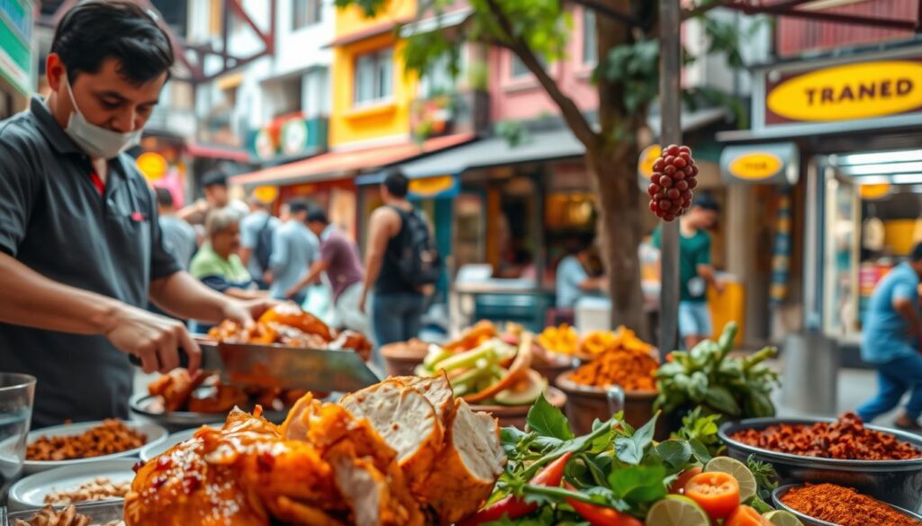 A mouthwatering French roast chicken takes center stage in a bustling Singaporean street scene. The bird's golden-brown skin glistens under warm, natural lighting, its aroma wafting through the air. In the foreground, a vendor meticulously carves the juicy meat, showcasing its tender texture. The middle ground features a vibrant array of local produce and spices, hinting at the complex flavors that complement the dish. In the background, colorful shophouses and lush greenery create a charming, authentic Singaporean ambiance, inviting the viewer to immerse themselves in this culinary experience.