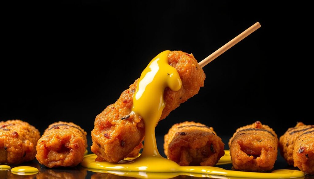 A mouthwatering display of crispy, golden-brown lok lok skewers, their surfaces glistening with a delectable salted egg sauce. The skewers are arranged artfully on a sleek, black background, casting dramatic shadows and highlighting their tantalizing textures. The sauce, a rich and creamy emulsion, oozes temptingly from the skewers, its vibrant yellow hue and subtle flecks of spice adding depth and complexity. Dramatic overhead lighting casts a warm, inviting glow, creating a sense of culinary indulgence. The composition is balanced and visually striking, capturing the essence of this Singaporean street food classic in all its savory, craveable glory.