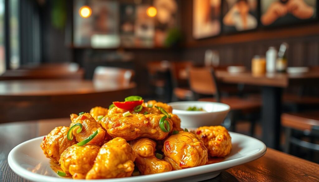 A mouthwatering display of golden-brown halal-friendly salted egg chicken, sizzling and crispy, garnished with fresh sliced chilies and a sprinkling of green onions. The chicken is arranged artfully on a white ceramic plate, against a softly blurred background of dark wooden tables and warm lighting, evoking the cozy atmosphere of a Singaporean neighborhood restaurant. The scene is captured with a shallow depth of field, drawing the viewer's eye to the delectable centerpiece. Warm, natural lighting casts a subtle glow, creating an inviting and appetizing presentation.