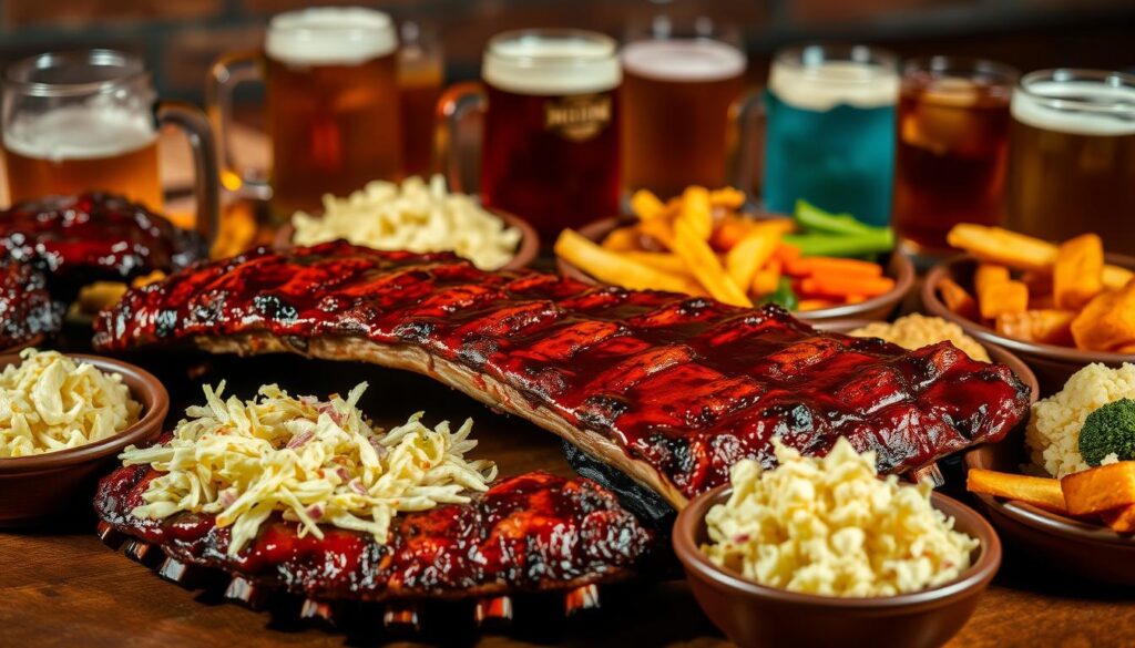 A mouthwatering display of juicy pork ribs, grilled to perfection, resting on a wooden table alongside an array of delectable side dishes. In the foreground, the ribs are coated in a rich, glistening barbecue sauce, their tender meat falling off the bone. Surrounding the ribs are a variety of sides, such as crisp coleslaw, fluffy mashed potatoes, and roasted vegetables, all arranged in a visually appealing manner. In the background, a selection of refreshing beverages, including frosty mugs of beer and glasses of iced tea, complete the scene, creating a harmonious balance of flavors and textures. The lighting is warm and inviting, casting a soft glow over the entire composition, evoking a cozy and celebratory atmosphere perfect for an evening of indulgence.