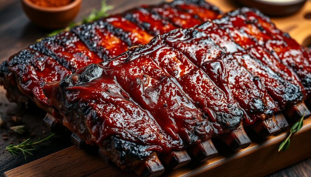 A mouthwatering display of succulent baby back ribs, grilled to perfection with a glistening, caramelized glaze. The ribs are presented on a rustic wooden board, surrounded by aromatic herbs and spices, conveying the flavors of a premium pork dish. Dramatic side lighting casts shadows, emphasizing the tender, fall-off-the-bone texture. The image exudes an atmosphere of culinary indulgence, inviting the viewer to savor the richness of these expertly prepared pork ribs, the kind that would be found at the best pork rib restaurants in Singapore.