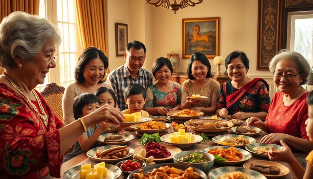 A multi-generational Peranakan family gathered around a bountiful feast, bathed in warm, golden light filtering through large windows. In the foreground, a grandmother serves a platter of nyonya kueh to her eager grandchildren, their faces aglow with delight. In the middle ground, parents and aunts engage in lively conversation, savoring the flavors of signature Peranakan dishes like rendang, ayam buah keluak, and babi pongteh. The background hints at a cozy, elegantly decorated dining room, with ornate furniture and intricate Peranakan artwork adorning the walls. An atmosphere of togetherness, tradition, and culinary celebration pervades the scene, capturing the essence of a cherished family Peranakan meal.