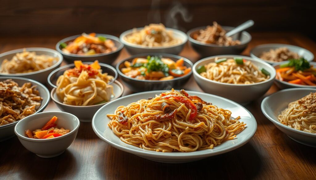A neatly arranged display of various fried noodle dishes, showcasing their distinct textures and flavors. In the foreground, a plate of steaming Mee Goreng, its vibrant colors and savory aroma commanding attention. Surrounding it, bowls of other fried noodle variations, such as Pad Thai, Char Kway Teow, and Lo Mein, each with its own unique blend of ingredients and presentation. The middle ground features a wooden table, providing a rustic backdrop that enhances the culinary scene. Soft, natural lighting illuminates the dishes, casting warm shadows and highlighting the intricate details of the noodles and garnishes. The overall mood is one of culinary exploration and appreciation, inviting the viewer to compare and contrast the various fried noodle options.