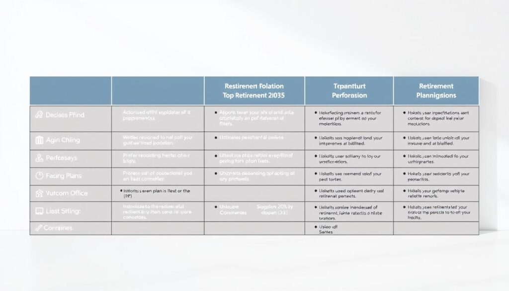A neatly arranged table showcasing a side-by-side comparison of the top retirement plan options in Singapore in 2025. The table is set against a clean, minimalist background, with soft lighting illuminating the details. The plans are represented by distinct icons and concise, easy-to-digest information, allowing viewers to quickly grasp the key features and benefits of each option. The overall tone is informative and visually appealing, inviting the viewer to explore the best retirement plan for their future in Singapore.