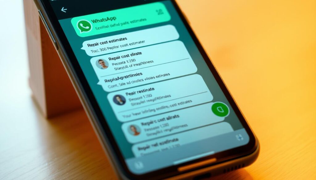 A neatly organized WhatsApp chat interface on a sleek, contemporary smartphone screen, showcasing a series of detailed repair cost estimates. The screen is bathed in warm, natural lighting, captured at a slight angle to highlight the intuitive UI design. The estimates are presented in a clean, easy-to-read format, conveying a sense of transparency and professionalism. The background is softly blurred, keeping the focus on the informative screen content. The overall mood is one of reliability, trust, and customer-centric service, reflecting the high-quality repair services offered by RepairAdvise.
