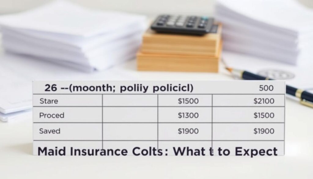 A neatly organized table displaying "26-month policy savings" with a clean, minimalist design. The table is set against a soft, blurred background featuring elements related to insurance policies, such as stacks of documents, a calculator, and a pen. The table's rows and columns are clearly defined, showcasing the policy details in a visually appealing manner. The overall tone is professional and informative, reflecting the subject matter of the article section "Maid Insurance Costs: What to Expect". The lighting is soft and natural, creating a pleasant, inviting atmosphere.