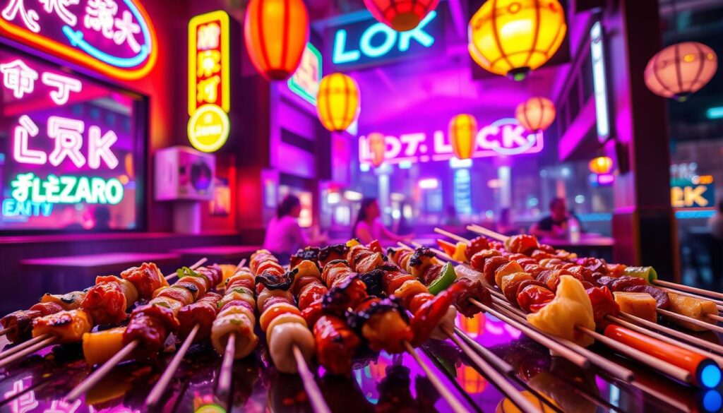 A neon-lit scene of a vibrant Lok Lok bistro, showcasing an array of tantalizing skewers. In the foreground, an assortment of meat, seafood, and vegetable skewers sizzle under the glow of vibrant neon signs, their colors reflecting off the glossy tabletop. In the middle ground, the bistro's interior is bathed in a mesmerizing mix of neon hues, creating a lively and atmospheric ambiance. The background features a blurred cityscape, hinting at the bustling energy of the Singaporean nightlife. The image is captured with a wide-angle lens, emphasizing the sense of depth and immersing the viewer in the lively scene. The overall mood is one of enticing, boozy indulgence and a celebration of the unique Lok Lok culinary experience.