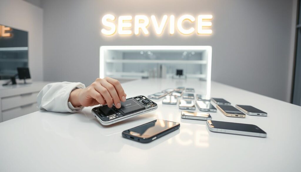 A neon-lit service counter in a sleek, minimalist iPhone repair shop. Crisp, white surfaces and clean lines create a sense of efficiency. In the foreground, a technician deftly disassembles an iPhone, meticulously replacing the battery with precise, practiced movements. Soft, diffused lighting illuminates the process, emphasizing the speed and professionalism of the service. The background features a row of orderly, fully-charged iPhones waiting to be returned to their owners, conveying the rapid turnaround. An atmosphere of confidence and trust pervades the scene, assuring the viewer of a seamless, high-quality battery replacement experience.
