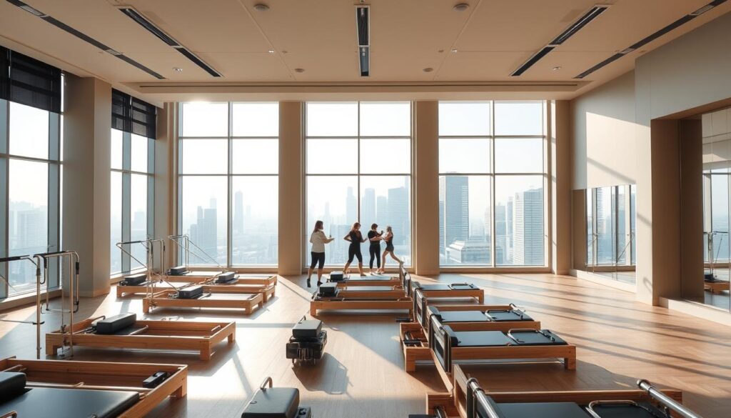 A panoramic interior view of the elegant Core Collective Pilates studio in Singapore. The spacious, sun-filled studio features floor-to-ceiling windows showcasing breathtaking city skyline vistas. Sleek, contemporary decor with muted tones and natural textures creates a serene, minimalist ambiance. In the foreground, rows of Pilates reformers and other specialized equipment are neatly arranged, ready for a diverse range of dynamic Pilates classes. The middle ground depicts a group of instructors leading an energetic session, their fluid movements captured in crisp, high-resolution detail. Soft, diffused lighting filters in from the large windows, casting a warm, inviting glow throughout the studio space.