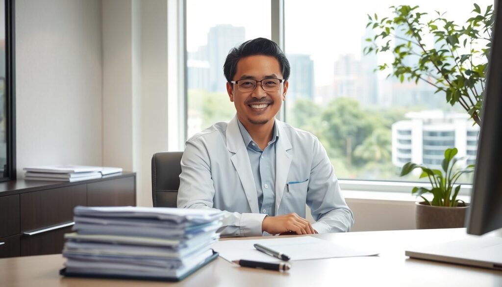 A professional, kind-looking consultant psychiatrist sitting at their desk in a modern, well-lit office. The psychiatrist is dressed in formal attire, with a warm, reassuring expression on their face. In the foreground, there is a stack of patient files and a pen resting on the desk. The middle ground features a comfortable chair for the patient, and the background showcases a large window overlooking a lush, green cityscape of Singapore. The lighting is soft and natural, creating a calming, therapeutic atmosphere.