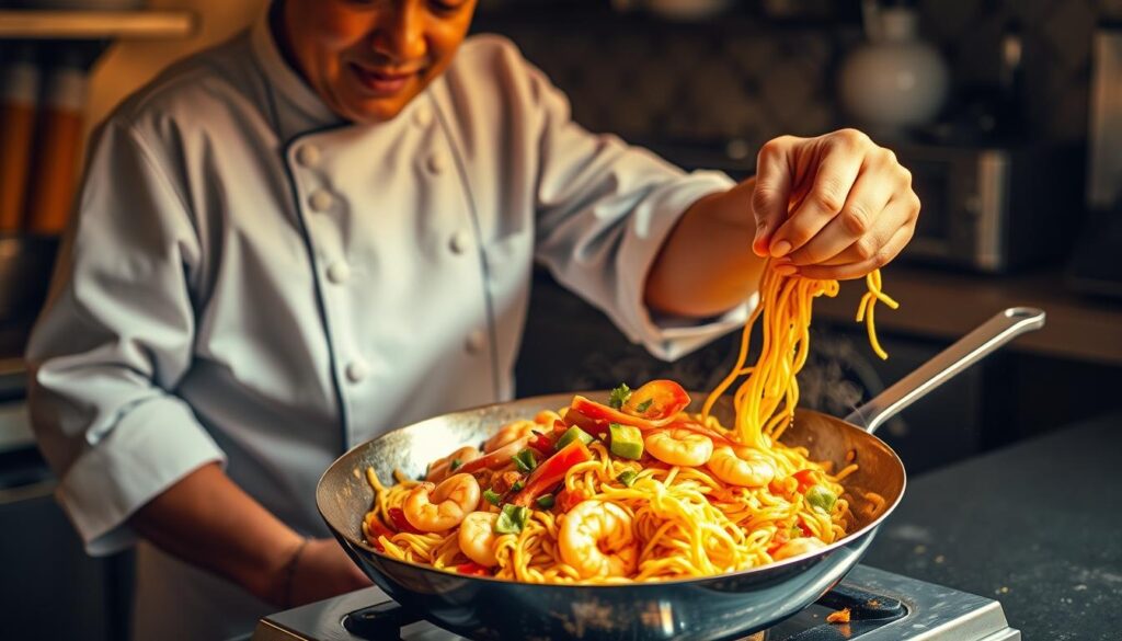 A seasoned chef stands at a well-equipped kitchen counter, carefully preparing a mouthwatering plate of mee goreng. The sizzling wok filled with a medley of vibrant vegetables, succulent shrimp, and perfectly cooked noodles takes center stage, illuminated by warm, natural lighting that casts a golden glow. The chef's hands move with practiced precision, skillfully tossing the ingredients together, creating a symphony of flavors. The scene is captured from a slightly elevated angle, allowing the viewer to witness the chef's artistry and the tantalizing dish in the making. The overall atmosphere is one of culinary passion and the joy of cooking a beloved Malaysian dish.