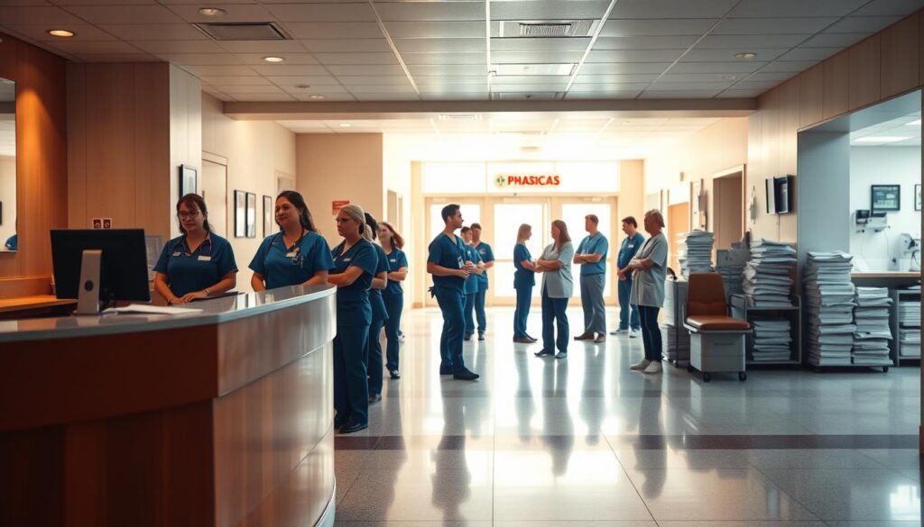 A serene hospital lobby, bathed in warm lighting, with a reception desk in the foreground. In the middle ground, helpers in scrubs and uniforms stand in a queue, patiently awaiting their turn to file insurance claims. The background showcases a clean, well-organized claims processing area, with orderly stacks of paperwork and a sense of efficiency. The overall atmosphere conveys a sense of professionalism and care, reflecting the diligence required in navigating the hospital claim process.