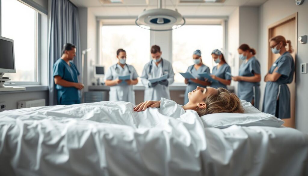 A serene hospital room, filled with natural light filtering through large windows. In the foreground, a patient lies on a medical bed, gently preparing for their plastic surgery procedure. The patient's expression conveys a mix of apprehension and anticipation, their hands resting calmly on the crisp, white sheets. The middle ground features a team of attentive medical professionals, dressed in sterile scrubs, carefully reviewing pre-operative documents and preparing the necessary tools and equipment. In the background, a calming, minimalist decor creates a soothing atmosphere, instilling a sense of trust and professionalism. The lighting is soft and diffused, highlighting the patient's serene composure and the medical team's focused attention, creating a harmonious scene that captures the essence of the "Preparing for Your Plastic Surgery Journey."
