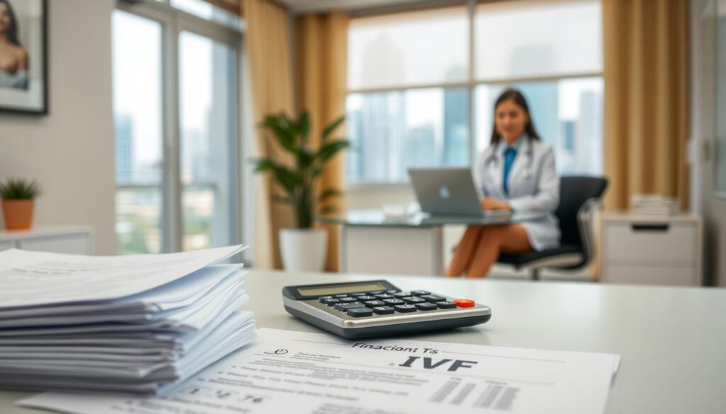 A serene medical office with a warm, inviting atmosphere. The foreground showcases a stack of medical documents and a calculator, symbolizing the financial aspects of IVF treatment. In the middle ground, a doctor's desk with a laptop and a professional-looking individual, representing the expertise and guidance provided by healthcare professionals. The background features a window overlooking a cityscape, evoking the urban setting of Singapore. The lighting is soft and natural, creating a calming ambiance. The overall composition conveys a sense of trust, professionalism, and attention to detail in the IVF process.