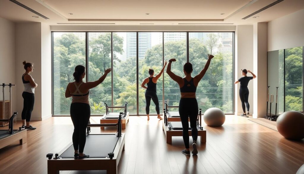 A serene, minimalist studio in Singapore, filled with natural light. In the foreground, a group of people performing Pilates exercises with precision, their movements guided by an AI-powered analysis system. The instructor, clad in athletic wear, stands nearby, monitoring the session intently. The middle ground features state-of-the-art Pilates equipment, including reformers and stability balls, all seamlessly integrated into the sleek, modern space. The background showcases the lush, verdant cityscape of Singapore, creating a calming, holistic atmosphere. The lighting is soft and diffused, casting a warm glow over the scene, emphasizing the harmony between technology and the human body. The overall impression is one of a cutting-edge, science-backed Pilates experience that elevates the practice to new heights.
