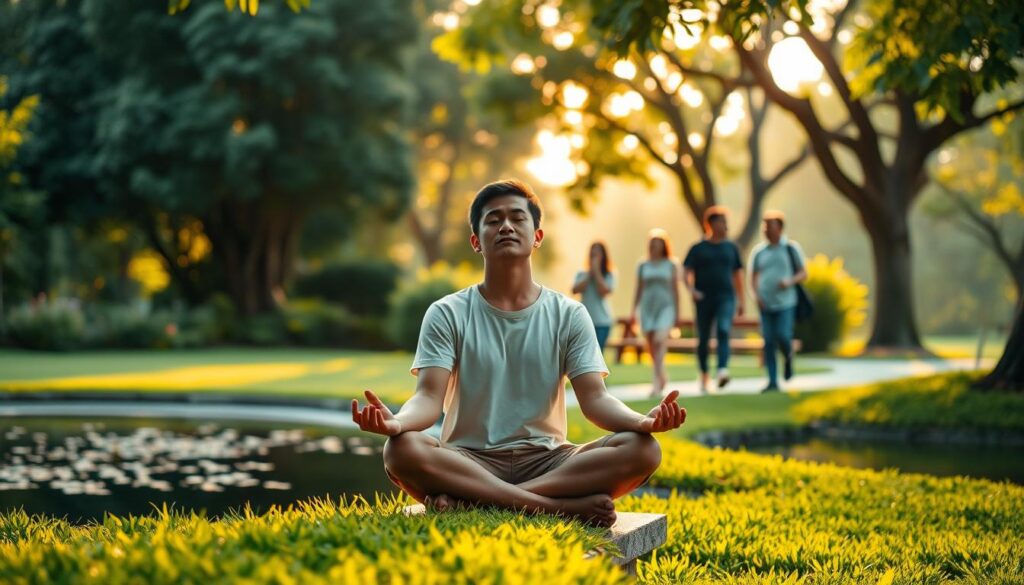 A serene park setting in Singapore, with lush greenery and a tranquil pond. In the foreground, a person sits cross-legged on a bench, eyes closed in meditation, their expression peaceful and contemplative. Behind them, a group of people walk together, engaged in animated conversation, symbolizing the journey of mental health recovery and the power of community support. The scene is bathed in warm, golden sunlight, creating a sense of hope and healing. The overall atmosphere conveys a sense of inner calm, resilience, and the transformative potential of mental health recovery.