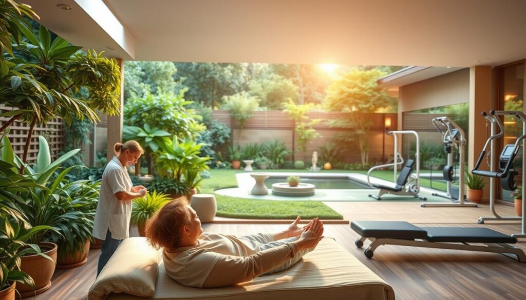 A serene rehabilitation center nestled in a lush, verdant setting. In the foreground, a patient undergoes gentle physical therapy, supported by attentive healthcare professionals. The middle ground features a spacious, well-equipped gym with state-of-the-art equipment, where individuals engage in personalized recovery programs. In the background, a tranquil garden with soothing water features and calming natural ambiance, promoting a holistic healing environment. Warm, diffused lighting bathes the scene, creating a sense of comfort and optimism. The overall atmosphere conveys a harmonious blend of medical expertise and restorative well-being, embodying the essence of comprehensive rehabilitation and recovery support.