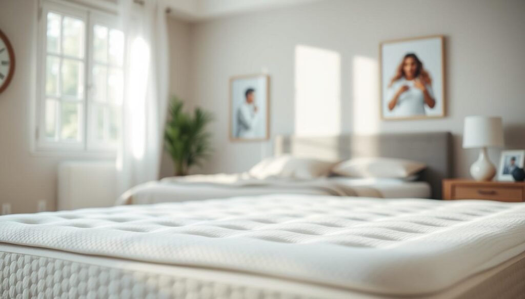 A serene, well-lit bedroom setting showcasing a memory foam mattress topper in the foreground. The topper should have a soft, plush texture and subtle contouring to highlight its supportive and pressure-relieving properties. In the middle ground, display various benefits of the memory foam topper, such as improved sleep quality, reduced pain and stiffness, and enhanced spinal alignment. The background should depict a calming, minimalist decor with neutral tones to create a peaceful, relaxing atmosphere. Capture the topper from a slightly elevated angle to emphasize its comfort and ergonomic design. Utilize natural lighting and a shallow depth of field to create a soft, inviting ambiance.