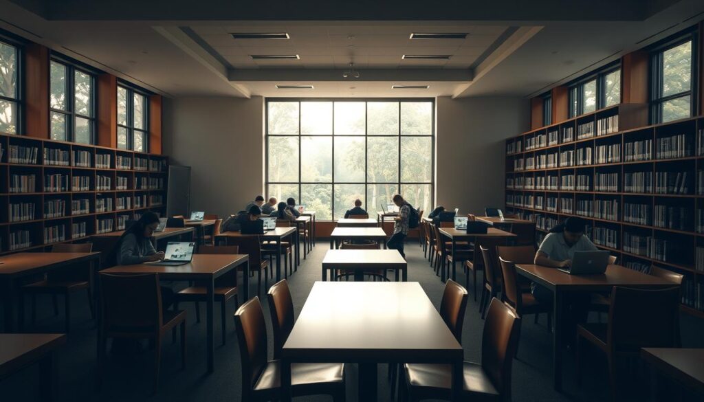 A serene, well-lit study space within the Nanyang Technological University (NTU) libraries. Rows of wooden desks and comfortable chairs are arranged in a spacious, airy room with large windows overlooking lush greenery. Soft, natural light filters in, creating a warm, focused atmosphere. Students are intently studying, their faces illuminated by the glow of their laptops. The shelves lining the walls are filled with books, a testament to the academic excellence fostered within these walls. The scene exudes a sense of intellectual pursuit and scholarly focus, perfectly capturing the essence of the "NTU Libraries: Academic Excellence" section.