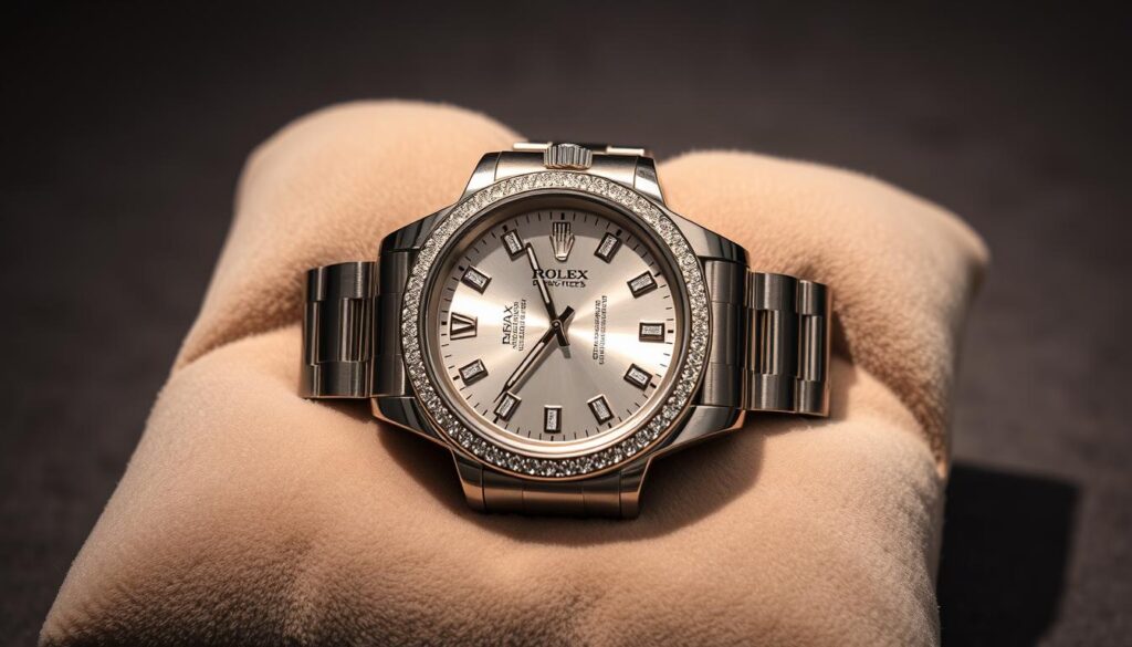 A sleek and luxurious Rolex timepiece resting on a plush, velvet cushion. The watch face gleams under soft, warm lighting, highlighting the intricate details of the polished stainless steel casing and the elegant, diamond-encrusted bezel. The background is a muted, velvety gray, creating a sense of refined sophistication. The timepiece is shot from a slightly elevated angle, casting a subtle shadow that adds depth and dimension to the composition. The overall atmosphere conveys a sense of exclusivity and timeless elegance, making this Rolex the perfect gift for a special occasion.
