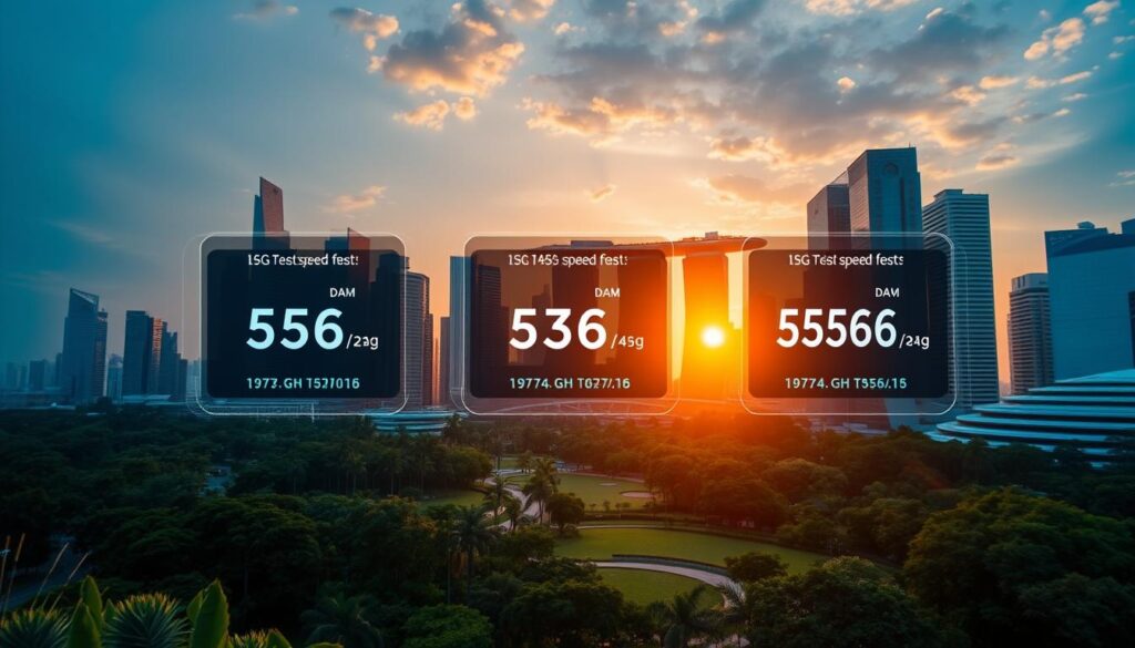 A sleek, futuristic cityscape of Singapore, bathed in the warm glow of sunset. In the foreground, a series of 5G speed test comparisons are displayed on holographic screens, showcasing the lightning-fast data transfer rates across different mobile providers. The cityscape is a mix of modern skyscrapers and lush, verdant parks, reflecting Singapore's blend of technological innovation and natural beauty. The scene is captured with a cinematic, wide-angle lens, creating a sense of scale and immersion. Subtle lens flares and a soft, diffused lighting lend an atmospheric, almost dreamlike quality to the image, conveying the advanced and cutting-edge nature of 5G technology in this vibrant, forward-thinking city.