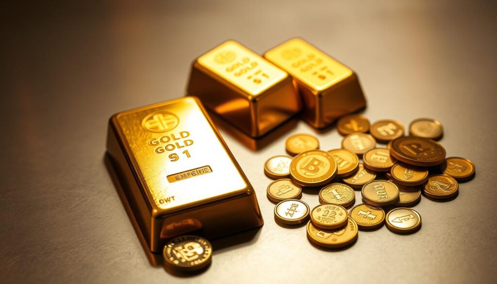 A sleek, metallic tabletop showcases the contrast between gleaming gold bars and a scattering of glimmering gold coins. The bars exude a sense of solidity and wealth, while the coins suggest a more tactile, accessible form of the precious metal. Soft, warm lighting creates a rich, luxurious ambiance, highlighting the luster and depth of the gold. The composition draws the viewer's eye from the prominent bars to the scattered coins, inviting contemplation on the merits of each investment option. The image conveys a sense of considered deliberation, as if guiding the viewer through the decision-making process between these two forms of gold.