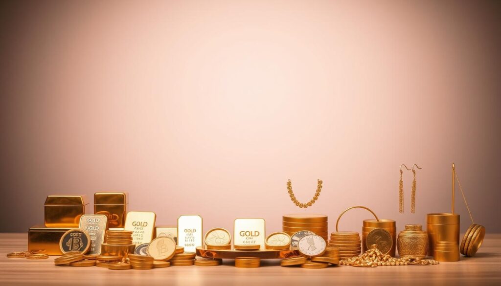 A sleek, minimalist tabletop display showcasing various forms of gold accepted in Singapore. In the foreground, an array of gold bars, coins, and jewelry pieces arranged neatly against a muted, elegant backdrop. The middle ground features a subtle, warm lighting that casts a soft, inviting glow on the gold, highlighting its rich, lustrous tones. The background is a simple, clean-lined setting, perhaps a wooden surface or a subtle gray gradient, allowing the gold to take center stage. The overall composition conveys a sense of sophistication, conveying the message that this is a premium, high-quality offering for those seeking to sell their gold in Singapore.