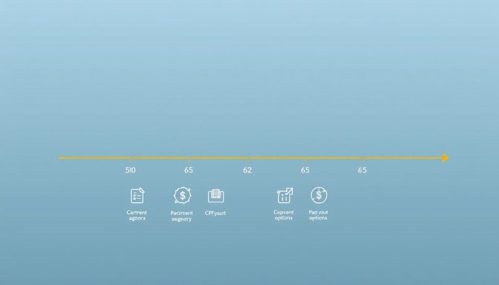 A sleek, minimalist timeline illustration showcasing the key retirement age milestones in Singapore. In the foreground, a clean horizontal bar chart depicts the gradual increase in CPF retirement age over the years, with distinct markers for ages 55, 62, and 65. The middle ground features stylized icons representing the different CPF payout options, arranged neatly below the timeline. The background has a soft, muted gradient in calming tones of blue and gray, conveying a sense of stability and financial security. The overall composition is well-balanced, with ample negative space to allow the information to be displayed clearly and elegantly.