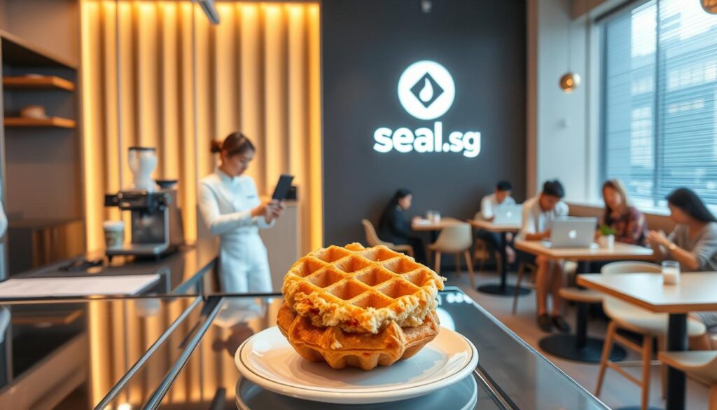A sleek, modern cafe interior with warm lighting and a minimalist aesthetic. In the foreground, a display counter showcases an artfully crafted rosti-waffle hybrid, its golden brown exterior and fluffy interior beckoning to be savored. Behind the counter, a barista dressed in a crisp, white uniform expertly prepares a latte, their movements graceful and efficient. In the background, patrons sit at stylishly designed tables, engaged in conversation or working on their laptops, creating a cozy, lively atmosphere. The Seal.sg logo prominently displayed on the wall, signifying the innovative spirit of this establishment that has reinvented the classic rosti dish.