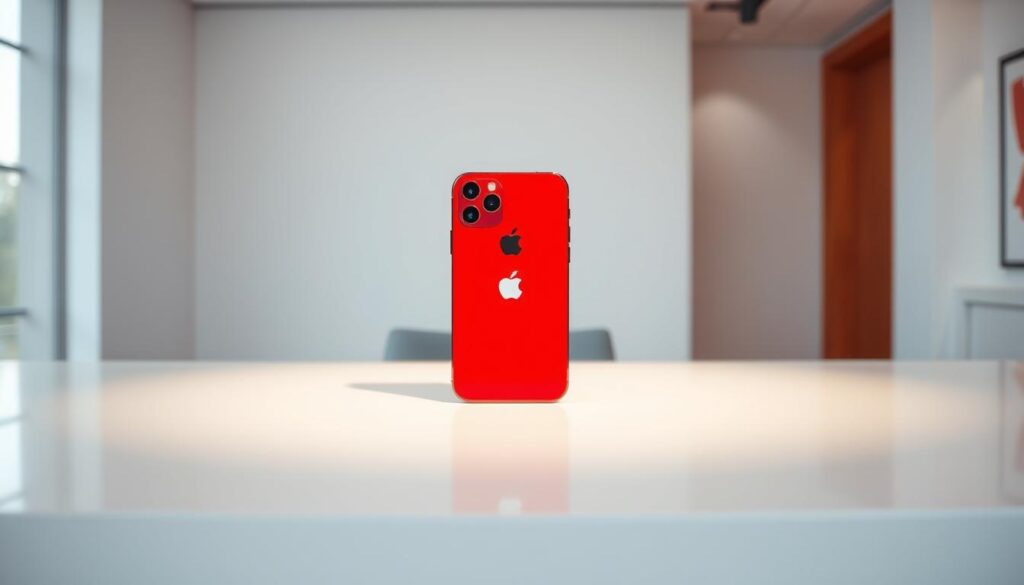 A sleek, modern iPhone prominently displayed on a clean, minimalist desk in a well-lit, airy space. The device's vibrant red and white color scheme is the focal point, accentuated by the pristine, professional environment. Soft, directional lighting from the side casts subtle shadows, highlighting the iPhone's smooth curves and glossy finish. The scene conveys a sense of efficiency and attention to detail, perfectly capturing the essence of a high-quality mobile device trade-in experience at the Red White Mobile storefront.